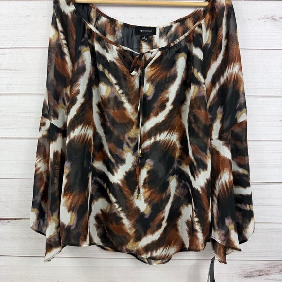 AB Studio Brown Animal Print Sheer Tie Neck Blouse Top Womens Large - Picture 2 of 8